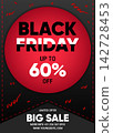 Eye-catching Black Friday promotional poster featuring bold typography inside a large red gradient circle, a sixty percent discount offer, and festive confetti against a dark textured background. 142728453