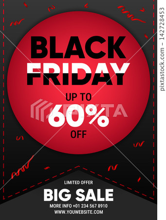 Eye-catching Black Friday promotional poster featuring bold typography inside a large red gradient circle, a sixty percent discount offer, and festive confetti against a dark textured background. Eye-catching Black Friday promotional poster featuring bold typography inside a large red gradient circle, a sixty percent discount offer, and festive confetti against a dark textured background. 142728453
