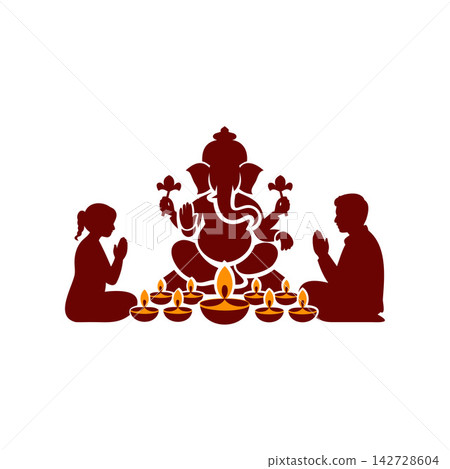 Family praying to Lord Ganesha silhouette illustration 142728604