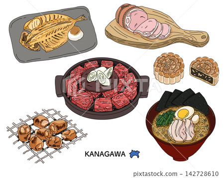 一組以神奈川當地美食為主題的插圖,其中包括家系拉麵和牛肉火鍋等著名菜餚。 一組以神奈川當地美食為主題的插圖,其中包括家系拉麵和牛肉火鍋等著名菜餚。 142728610