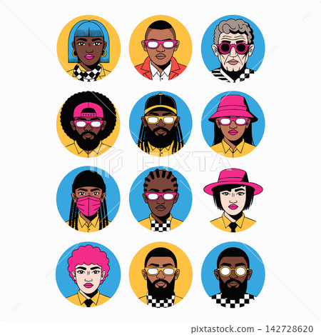 The image shows a set of diverse cartoon avatar portraits featuring people with various hairstyles, accessories, and expressions The image shows a set of diverse cartoon avatar portraits featuring people with various hairstyles, accessories, and expressions 142728620