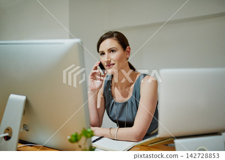 Phone call, computer and woman talking in office for communication on research or online business. Corporate, female person and tech listening at work for mobile conversation and connectivity Phone call, computer and woman talking in office for communication on research or online business. Corporate, female person and tech listening at work for mobile conversation and connectivity 142728853