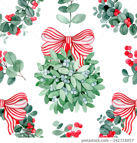 Christmas pattern with mistletoe, holly, and wreaths. Vintage watercolor print. Christmas pattern with mistletoe, holly, and wreaths. Vintage watercolor print. 142728857
