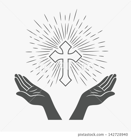 Black and White Open Hands Silhouette with Cross and Rays, Vector Illustration. Symbol of Faith and Prayer. Design Template for Church Logo. Prayer, Religion Concept. Monochrome Cut Out Icon Black and White Open Hands Silhouette with Cross and Rays, Vector Illustration. Symbol of Faith and Prayer. Design Template for Church Logo. Prayer, Religion Concept. Monochrome Cut Out Icon 142728940