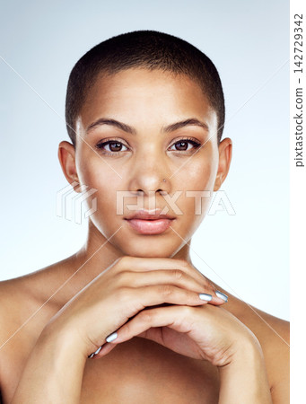 Portrait, skincare and woman with cosmetics, beauty or dermatology on white studio background. Face, confident person or model with shine, glow or grooming routine with aesthetic, results or wellness Portrait, skincare and woman with cosmetics, beauty or dermatology on white studio background. Face, confident person or model with shine, glow or grooming routine with aesthetic, results or wellness 142729342