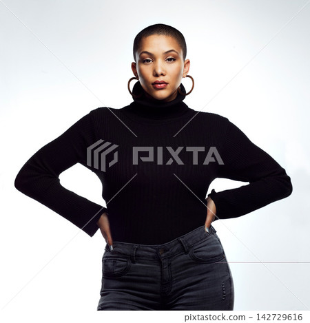 Portrait, winter fashion and African woman in studio for confidence, warm outfit or trendy clothes on white background. Serious, aesthetic and model for stylish sweater, cotton jersey or knitwear Portrait, winter fashion and African woman in studio for confidence, warm outfit or trendy clothes on white background. Serious, aesthetic and model for stylish sweater, cotton jersey or knitwear 142729616
