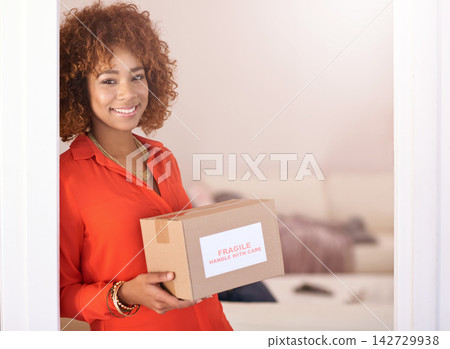 Portrait, home and woman with package, box and delivery with smile, ecommerce and logistics. Face, apartment and girl with cardboard, supply chain or person with parcel, product and cargo with retail Portrait, home and woman with package, box and delivery with smile, ecommerce and logistics. Face, apartment and girl with cardboard, supply chain or person with parcel, product and cargo with retail 142729938