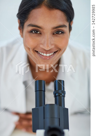 Scientist, microscope and portrait in laboratory for research study, vaccine test and investigation. Happy, woman and experiment with biotechnology for medical, innovation and stem cell development Scientist, microscope and portrait in laboratory for research study, vaccine test and investigation. Happy, woman and experiment with biotechnology for medical, innovation and stem cell development 142729985