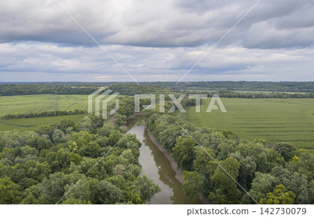 Lamine River at Roberts Bluff access, summer aerial view of rural MIssouri with corn fields Lamine River at Roberts Bluff access, summer aerial view of rural MIssouri with corn fields 142730079