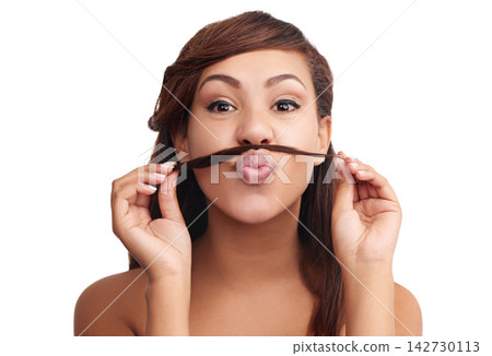 Woman, portrait and mustache in studio for haircare, confident and cosmetics for hair texture. Female person, play and hairstyle on white background, shampoo and conditioner for comic transformation 142730113