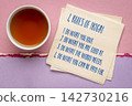 4 inspirational rules of Ikigai, Japanese lifestyle concept, on a napking with tea 142730216