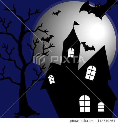 Spooky Halloween haunted house with flying bats illustration Spooky Halloween haunted house with flying bats illustration 142730264
