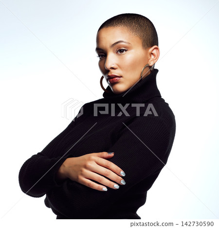 African woman, arms crossed and fashion in studio for confidence, warm outfit or trendy clothes on white background. Serious, aesthetic and model for stylish sweater, cotton jersey or autumn knitwear African woman, arms crossed and fashion in studio for confidence, warm outfit or trendy clothes on white background. Serious, aesthetic and model for stylish sweater, cotton jersey or autumn knitwear 142730590