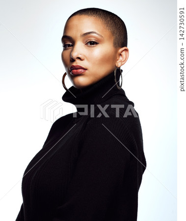 Bald, woman and portrait for pride and beauty with skincare in studio by white background for cosmetics. Female person, face and model with self care, dermatology and treatment for wellness and glow 142730591
