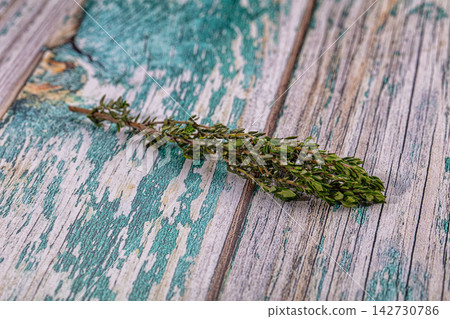 Fresh green thyme sprig on weathered wooden surface with peeling turquoise paint, rustic kitchen background 142730786