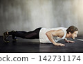 Man, push ups and power exercise in gym, strong muscle gain and bodybuilder challenge or endurance. Male person, workout and bicep or core development, training and athlete for lifting body weight 142731174