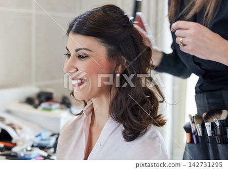 Hair, woman and makeup as artist for styling, beautician and design with elegant, cosmetics and beauty on special day. Happy, person and client at hairdresser with glamour for ceremony party Hair, woman and makeup as artist for styling, beautician and design with elegant, cosmetics and beauty on special day. Happy, person and client at hairdresser with glamour for ceremony party 142731295