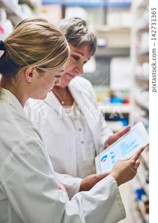 Pharmacist, women and together on tablet for charts, stock or sales stats with reading for analytics. People, mentor and intern on digital touchscreen, application or inspection with graphs at store Pharmacist, women and together on tablet for charts, stock or sales stats with reading for analytics. People, mentor and intern on digital touchscreen, application or inspection with graphs at store 142731365