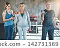 Physical therapy, dumbbell and senior people with support, help and muscle workout for recovery or health. Exercise, fitness and strength progress of mature clients in physiotherapy or wellness class 142731369