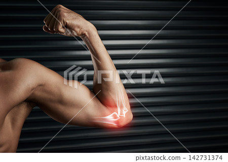 Elbow, man or exercise with injury, flexing or wellness with workout, muscle tension or wall background. Sports, person or guy with red highlight, fitness or healthy with strength, power or challenge Elbow, man or exercise with injury, flexing or wellness with workout, muscle tension or wall background. Sports, person or guy with red highlight, fitness or healthy with strength, power or challenge 142731374