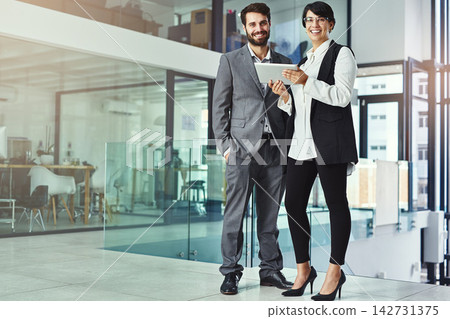 Portrait, business people and tablet in office, happy and confident or project, discussing and corporate. Collaboration, professional and digital for company, teamwork and technology for success Portrait, business people and tablet in office, happy and confident or project, discussing and corporate. Collaboration, professional and digital for company, teamwork and technology for success 142731375