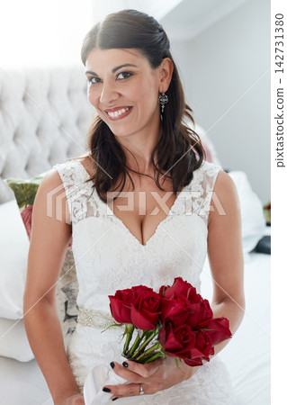 Woman, bride and portrait in dress for wedding, celebration and event in summer at house. Smile, wife and flower bouquet for beauty, romance and marriage for special tradition with ceremony Woman, bride and portrait in dress for wedding, celebration and event in summer at house. Smile, wife and flower bouquet for beauty, romance and marriage for special tradition with ceremony 142731380