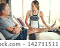 Old man, physiotherapy and legs with joint pain injury or rehabilitation service, massage or consultation. Woman, senior person and knee examination with muscle stretching, client or inflammation 142731511