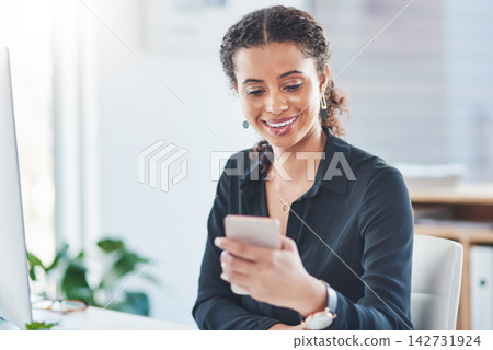 Woman, employee and happy on smartphone at office in desk for social media post, good news or text. Female person, computer and smile with application approval, email and communication or networking Woman, employee and happy on smartphone at office in desk for social media post, good news or text. Female person, computer and smile with application approval, email and communication or networking 142731924