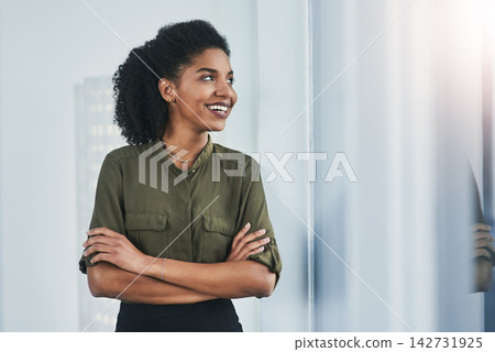 Black woman, business and smile or thinking with arms crossed for company vision, professional or thoughts. Female person, idea an planning as finance consultant for startup goals, career or economy Black woman, business and smile or thinking with arms crossed for company vision, professional or thoughts. Female person, idea an planning as finance consultant for startup goals, career or economy 142731925