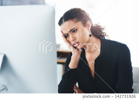Businesswoman, computer and bored or office deadline with tired stress for overtime burnout, overworked or mistake. Female person, confused and annoyed or corporate failure, headache or mental health Businesswoman, computer and bored or office deadline with tired stress for overtime burnout, overworked or mistake. Female person, confused and annoyed or corporate failure, headache or mental health 142731926