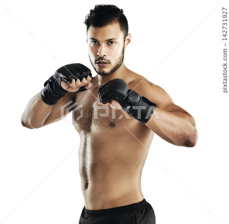 Man, mma and gloves in studio portrait with training, fitness and combat by white background. Person, athlete and martial arts fighter with workout, exercise and ready for contest with contact sport Man, mma and gloves in studio portrait with training, fitness and combat by white background. Person, athlete and martial arts fighter with workout, exercise and ready for contest with contact sport 142731927