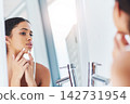 Woman, skincare and pimple acne or squeeze bathroom mirror or reflection or facial, problem or health. Female person, dermatology and hygiene or stress breakout with blackhead check, home or morning 142731954