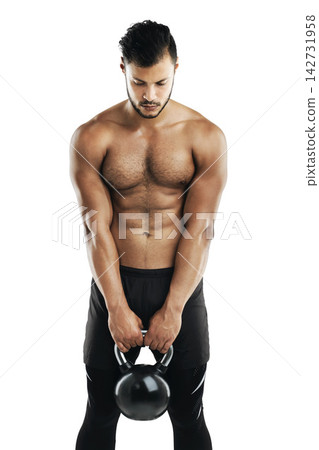 Athlete, man and kettlebell in studio for bodybuilding, strength challenge or muscular on white background. Body, sports and weightlifting person with weights for fitness, training or power exercise 142731958