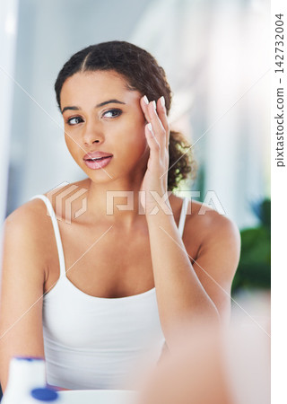 Home, mirror and woman in bathroom, beauty and grooming routine with treatment, wellness and dermatology. Apartment, person or girl with reflection, cleaning and clear skin with cosmetics or skincare Home, mirror and woman in bathroom, beauty and grooming routine with treatment, wellness and dermatology. Apartment, person or girl with reflection, cleaning and clear skin with cosmetics or skincare 142732004