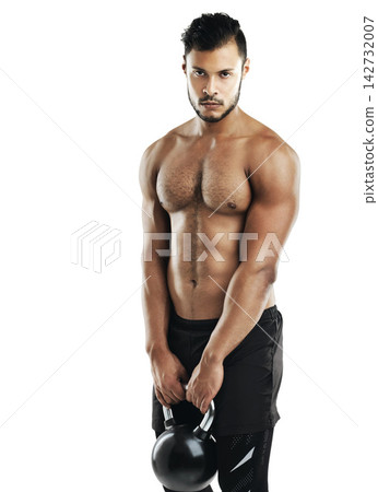 Kettlebell, athlete man and portrait in studio for weightlifting, strength challenge or muscular on white background. Body, sports and bodybuilder with weights for fitness, training or power exercise Kettlebell, athlete man and portrait in studio for weightlifting, strength challenge or muscular on white background. Body, sports and bodybuilder with weights for fitness, training or power exercise 142732007