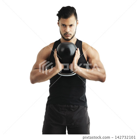 Sports, kettlebell and portrait of man in studio for exercise with arm strength for muscle training. Fitness, athlete and body builder with workout equipment for weightlifting by white background. Sports, kettlebell and portrait of man in studio for exercise with arm strength for muscle training. Fitness, athlete and body builder with workout equipment for weightlifting by white background. 142732101