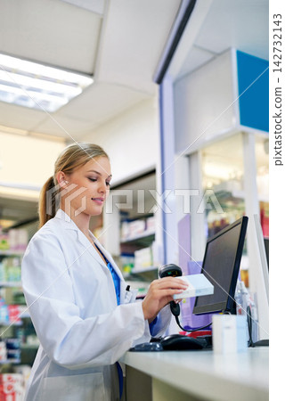 Pharmacy, product and scanning medicine in shop with barcode, label or drugs for healthcare. Store, price and pharmacist process sale with tech or shopping for supplements with woman at cashier Pharmacy, product and scanning medicine in shop with barcode, label or drugs for healthcare. Store, price and pharmacist process sale with tech or shopping for supplements with woman at cashier 142732143