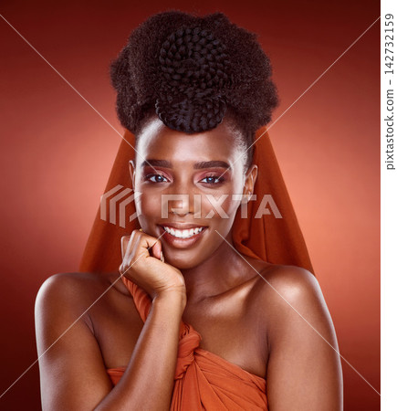 Portrait, skincare and beauty of happy black woman with glow, fashion or thinking of elegant braids isolated on red studio background. African culture, hairstyle and face of model in makeup cosmetics Portrait, skincare and beauty of happy black woman with glow, fashion or thinking of elegant braids isolated on red studio background. African culture, hairstyle and face of model in makeup cosmetics 142732159