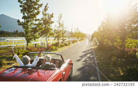 Road trip, back and old couple in car, travel adventure and romantic holiday for transportation. Retirement bonding, flare and senior people with celebration for vacation drive, vehicle and journey Road trip, back and old couple in car, travel adventure and romantic holiday for transportation. Retirement bonding, flare and senior people with celebration for vacation drive, vehicle and journey 142732195