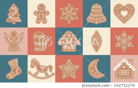 Gingerbread Christmas Cookies Elements Set. Winter sweet homemade biscuits in the form of different characters and holiday items. Gingerbread Christmas Cookies Elements Set. Winter sweet homemade biscuits in the form of different characters and holiday items. 142732274