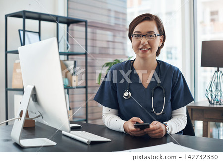 Woman, portrait and therapist with phone for medical services, advice and consulting in clinic. Happy female doctor, healthcare worker and consultant at desk in hospital for wellness management Woman, portrait and therapist with phone for medical services, advice and consulting in clinic. Happy female doctor, healthcare worker and consultant at desk in hospital for wellness management 142732330