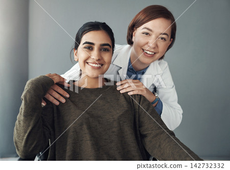 Doctor, woman and support smile and comfort, patient care and gratitude with healthcare professional or help. Wellness, clinic and medical service and people together, trust or hospital portrait Doctor, woman and support smile and comfort, patient care and gratitude with healthcare professional or help. Wellness, clinic and medical service and people together, trust or hospital portrait 142732332