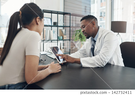 X ray, patient and doctor with tablet in clinic for medical visit, healthcare or arthritis consultation. Woman spine, man and talk in hospital with tech for back pain and lumbar surgery research X ray, patient and doctor with tablet in clinic for medical visit, healthcare or arthritis consultation. Woman spine, man and talk in hospital with tech for back pain and lumbar surgery research 142732411