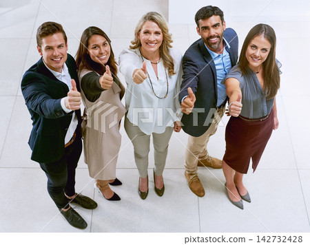 Portrait, thumbs up and business people in top view office with support, congratulations or service review pride. About us, recruitment and team with emoji hands for hiring, application or motivation Portrait, thumbs up and business people in top view office with support, congratulations or service review pride. About us, recruitment and team with emoji hands for hiring, application or motivation 142732428
