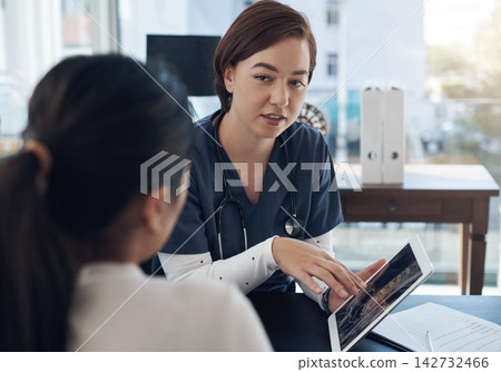 Nurse, tablet and communication for x ray in anatomy, people or results in MRI, CT and body scan at clinic. Medical doctor, technology and consulting, physiotherapy and patient analysis at hospital Nurse, tablet and communication for x ray in anatomy, people or results in MRI, CT and body scan at clinic. Medical doctor, technology and consulting, physiotherapy and patient analysis at hospital 142732466