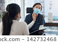 Tablet, woman and doctor for patient with consultation, hospital and diagnosis or treatment research. Digital technology, healthcare or medical worker with mask, office and clinic for symptom checkup 142732468