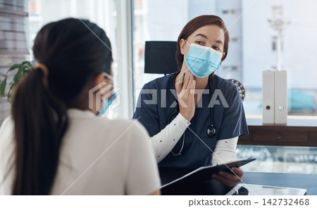 Tablet, woman and doctor for patient with consultation, hospital and diagnosis or treatment research. Digital technology, healthcare or medical worker with mask, office and clinic for symptom checkup Tablet, woman and doctor for patient with consultation, hospital and diagnosis or treatment research. Digital technology, healthcare or medical worker with mask, office and clinic for symptom checkup 142732468