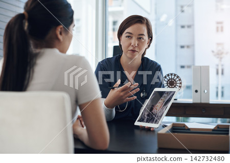 X ray, woman and nurse with tablet for consultation with patient, results and digital update. Hospital, radiology and medical employee with technology for information, prescription and diagnosis X ray, woman and nurse with tablet for consultation with patient, results and digital update. Hospital, radiology and medical employee with technology for information, prescription and diagnosis 142732480