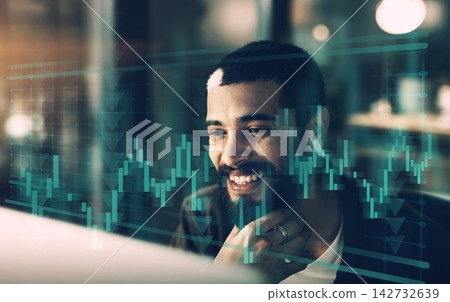 Man, overlay and financial trading on laptop at night, economy and stock market graphs. Male person, website and plan for global exchange or monitor investment, online and accounting on internet 142732639