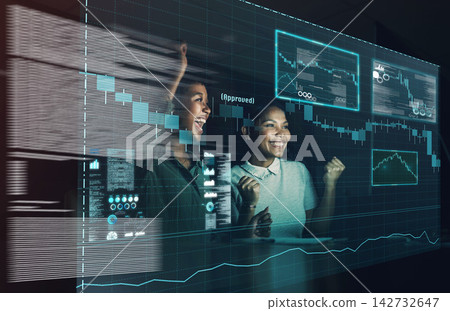 Women, teamwork and statistics overlay with data analytics or excited, collaboration or growth. Female people, strategy and charts or problem solving solution with celebration, brainstorming or tech Women, teamwork and statistics overlay with data analytics or excited, collaboration or growth. Female people, strategy and charts or problem solving solution with celebration, brainstorming or tech 142732647